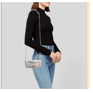 Tory Burch Silver Metallic Mini Robinson Crossbody/clutch bag.